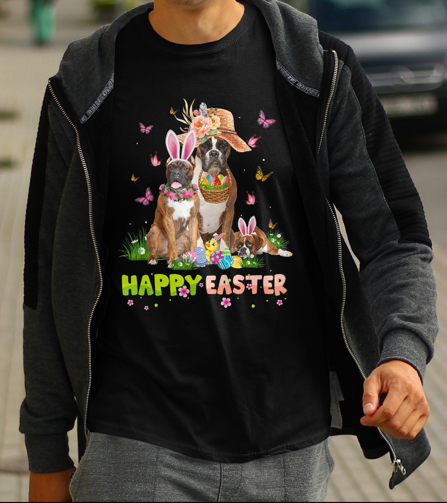 Boxer Dog Happy Easter Bunny Hat Eggs Butterflies T-Shirt