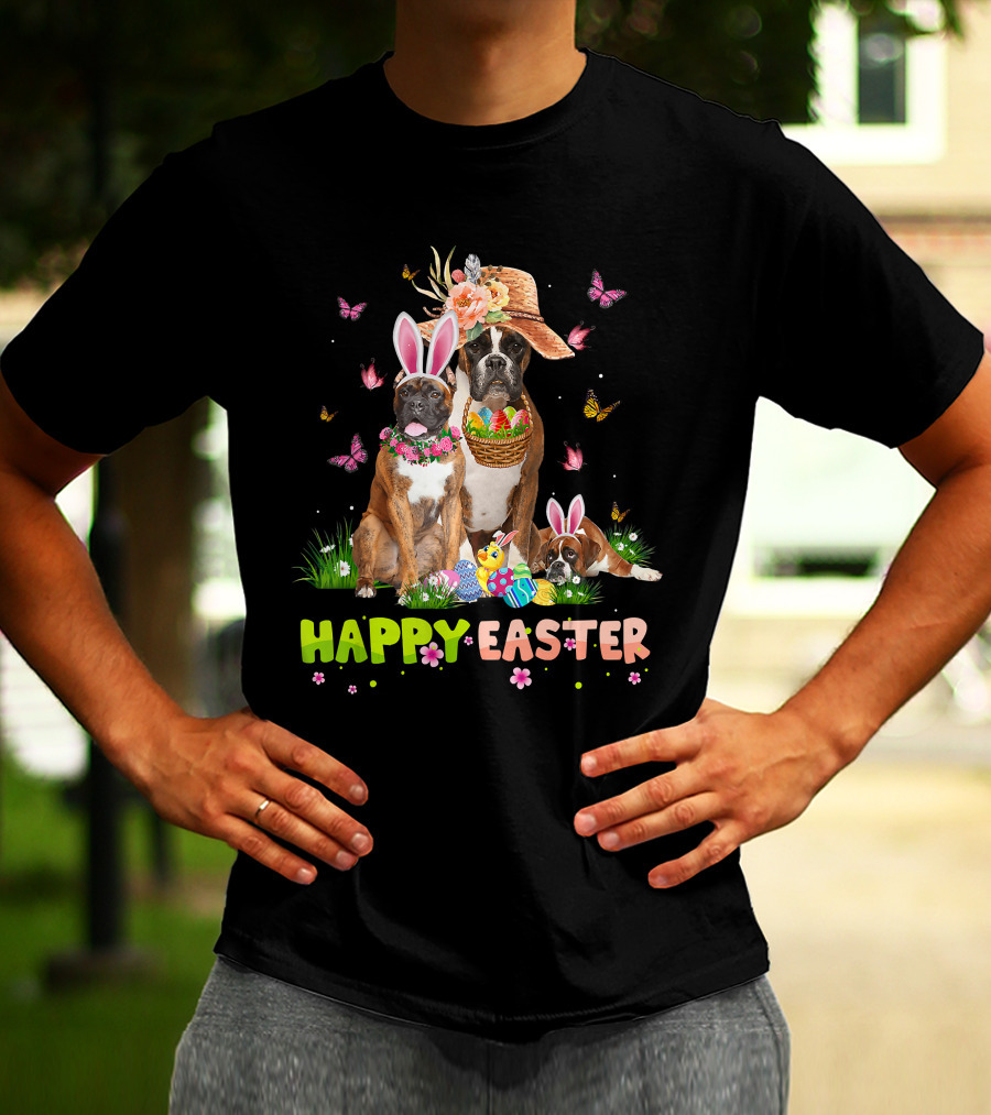 Boxer Dog Happy Easter Bunny Hat Eggs Butterflies T-Shirt