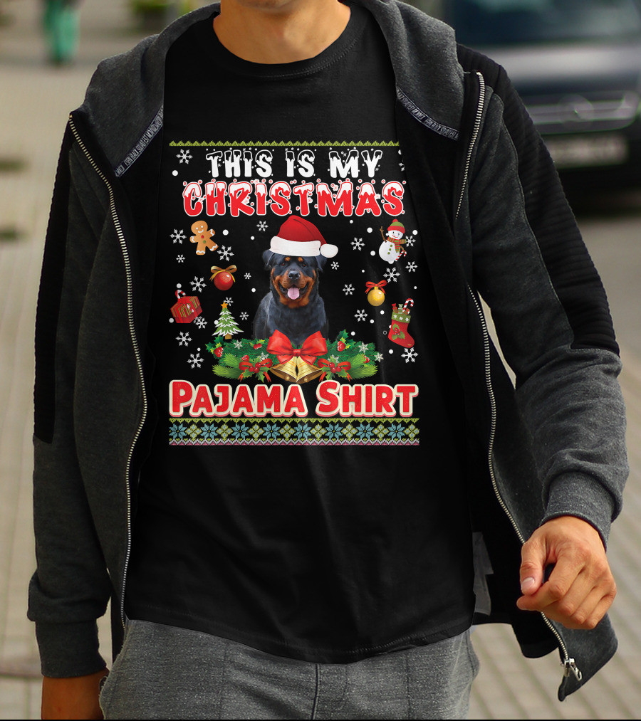 This Is My Christmas Pajama Shirt Rottweiler Santa Hat Gingerbread Snowman Pine Trees T-Shirt