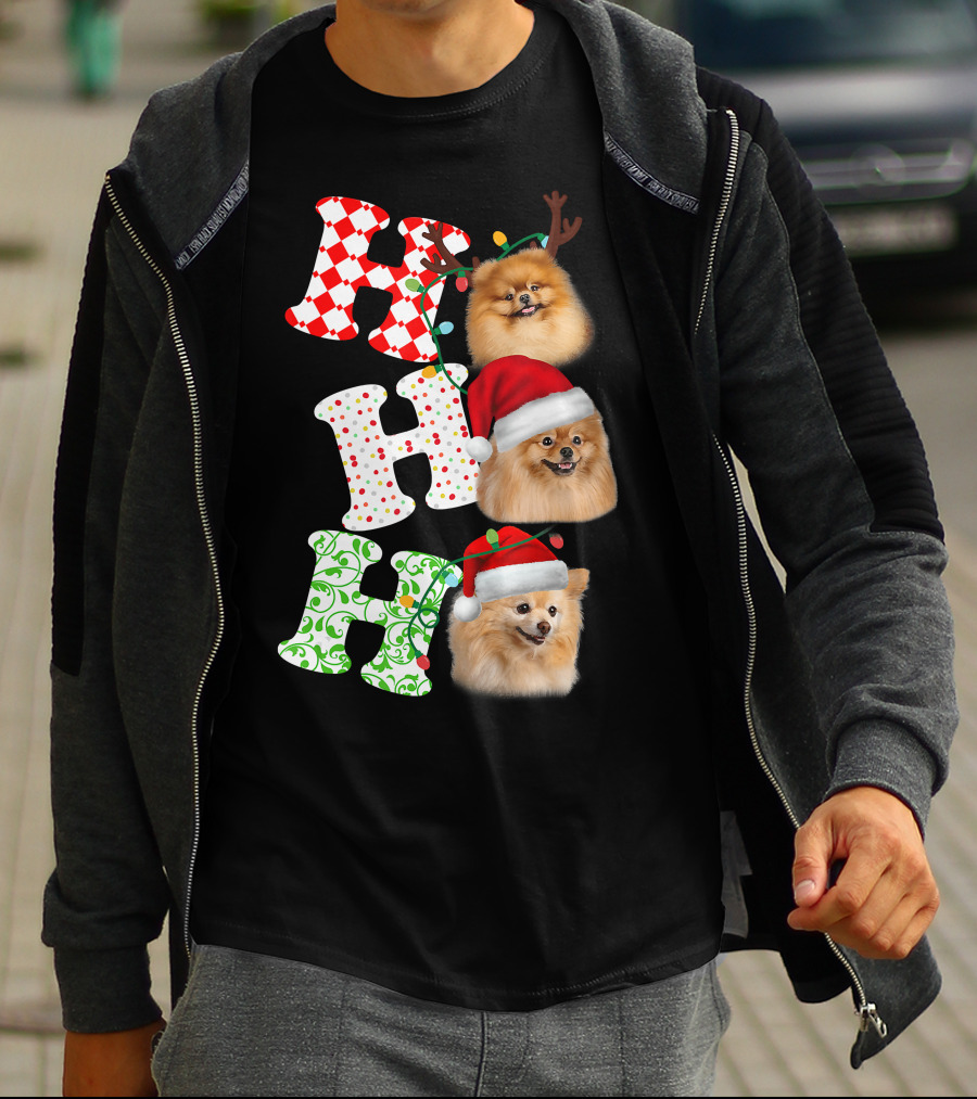 Ho Ho Ho Pomeranian Santa Hat Reindeer Antlers Christmas T-Shirt