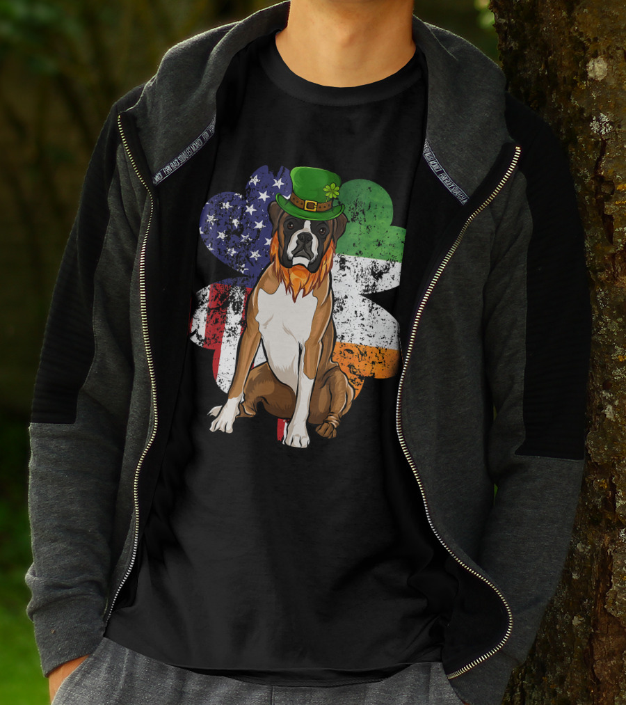 St Patricks Day Boxer Dog With Irish American Flag Shamrock T-Shirt