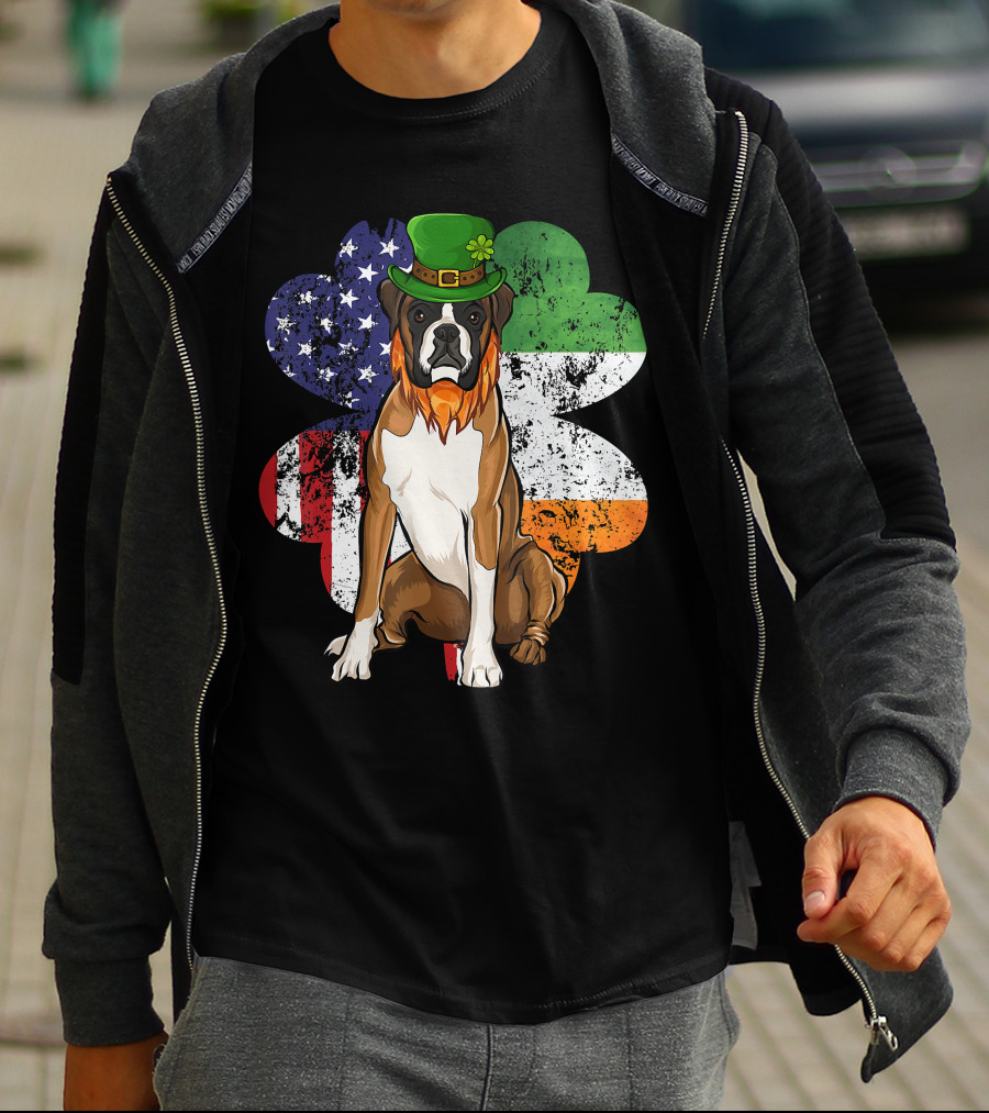 St Patricks Day Boxer Dog With Irish American Flag Shamrock T-Shirt