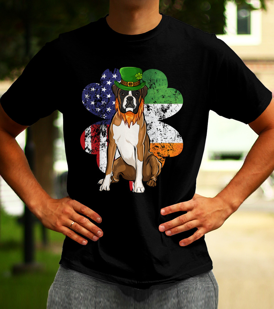 St Patricks Day Boxer Dog With Irish American Flag Shamrock T-Shirt