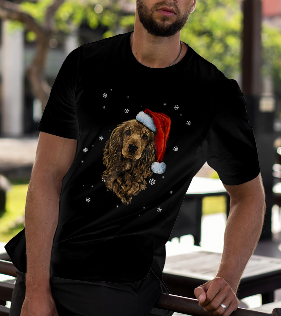 Cocker Spaniel Christmas Dog With Santa Hat And Snowflakes T-Shirt