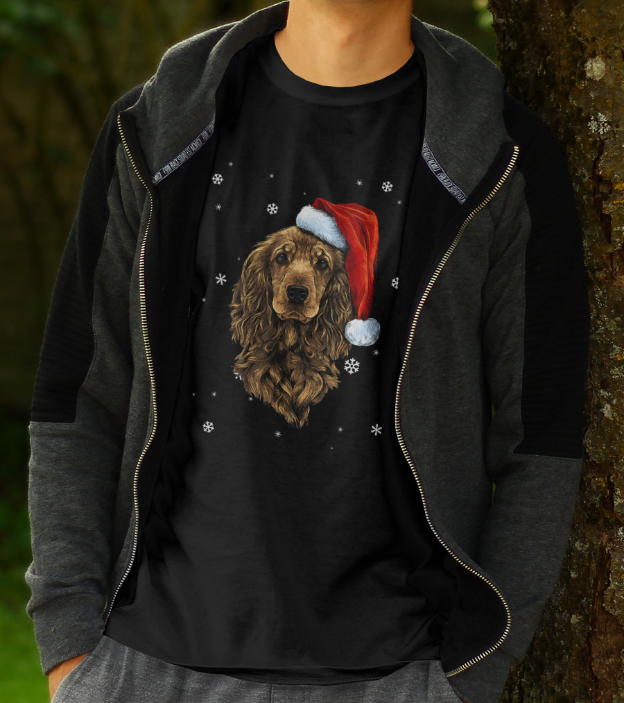 Cocker Spaniel Christmas Dog With Santa Hat And Snowflakes T-Shirt