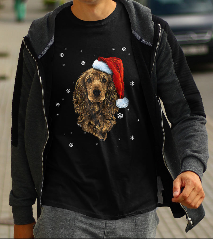 Cocker Spaniel Christmas Dog With Santa Hat And Snowflakes T-Shirt