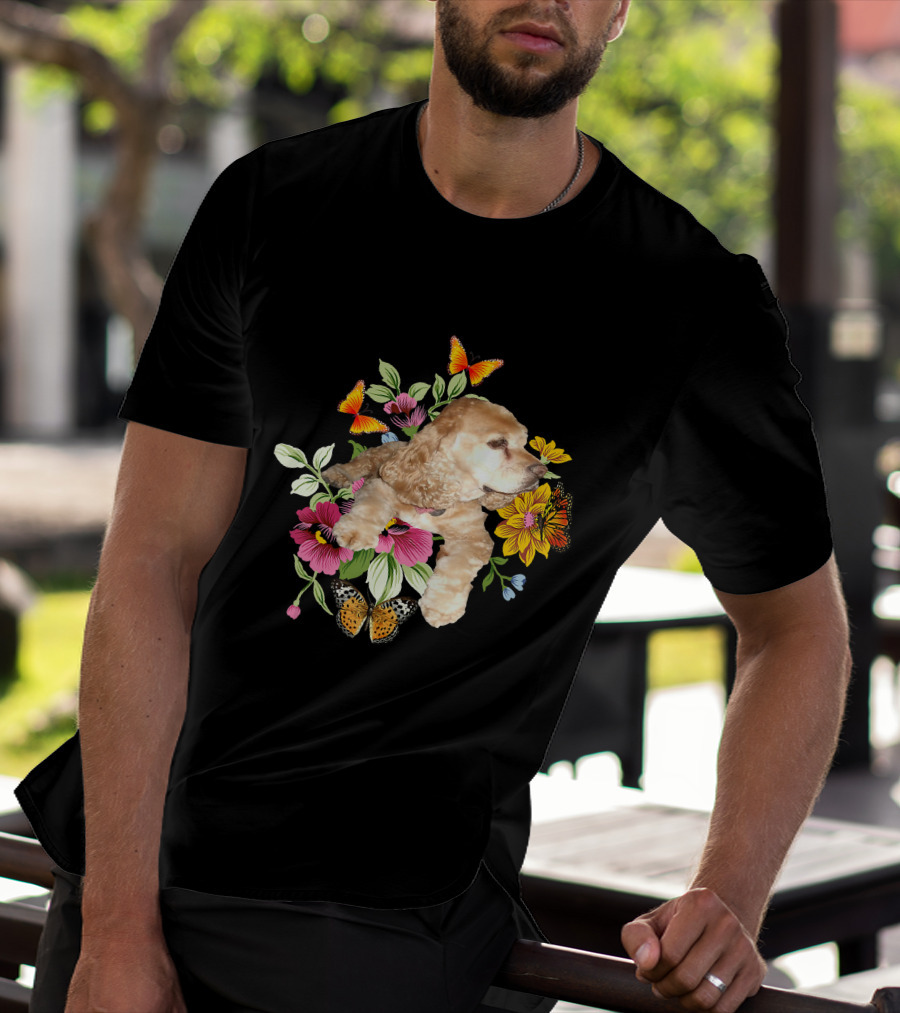 Cocker Spaniel Floral Background Butterflies Loyal Family T-Shirt