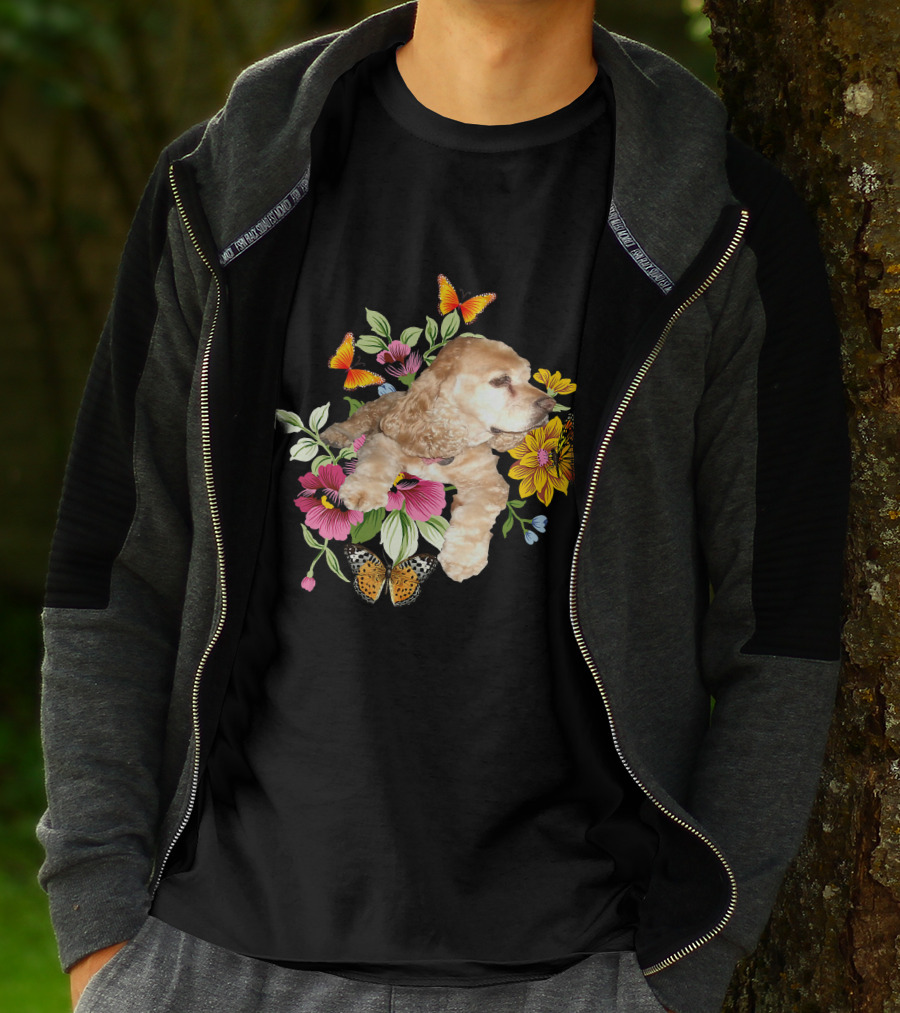 Cocker Spaniel Floral Background Butterflies Loyal Family T-Shirt