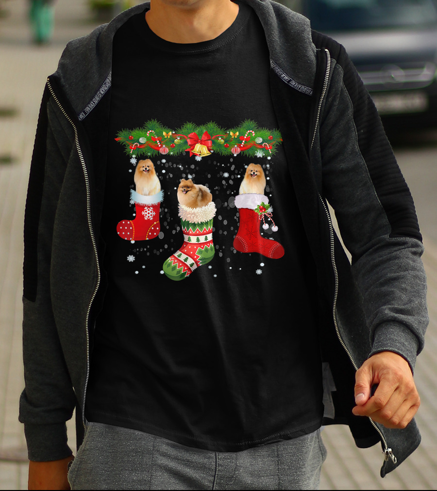 Three Pomeranian Dogs In Christmas Stockings Santa Holiday T-Shirt