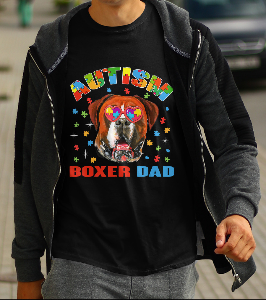 Autism Awareness Boxer Dog Dad With Heart Puzzle Glasses T-Shirt