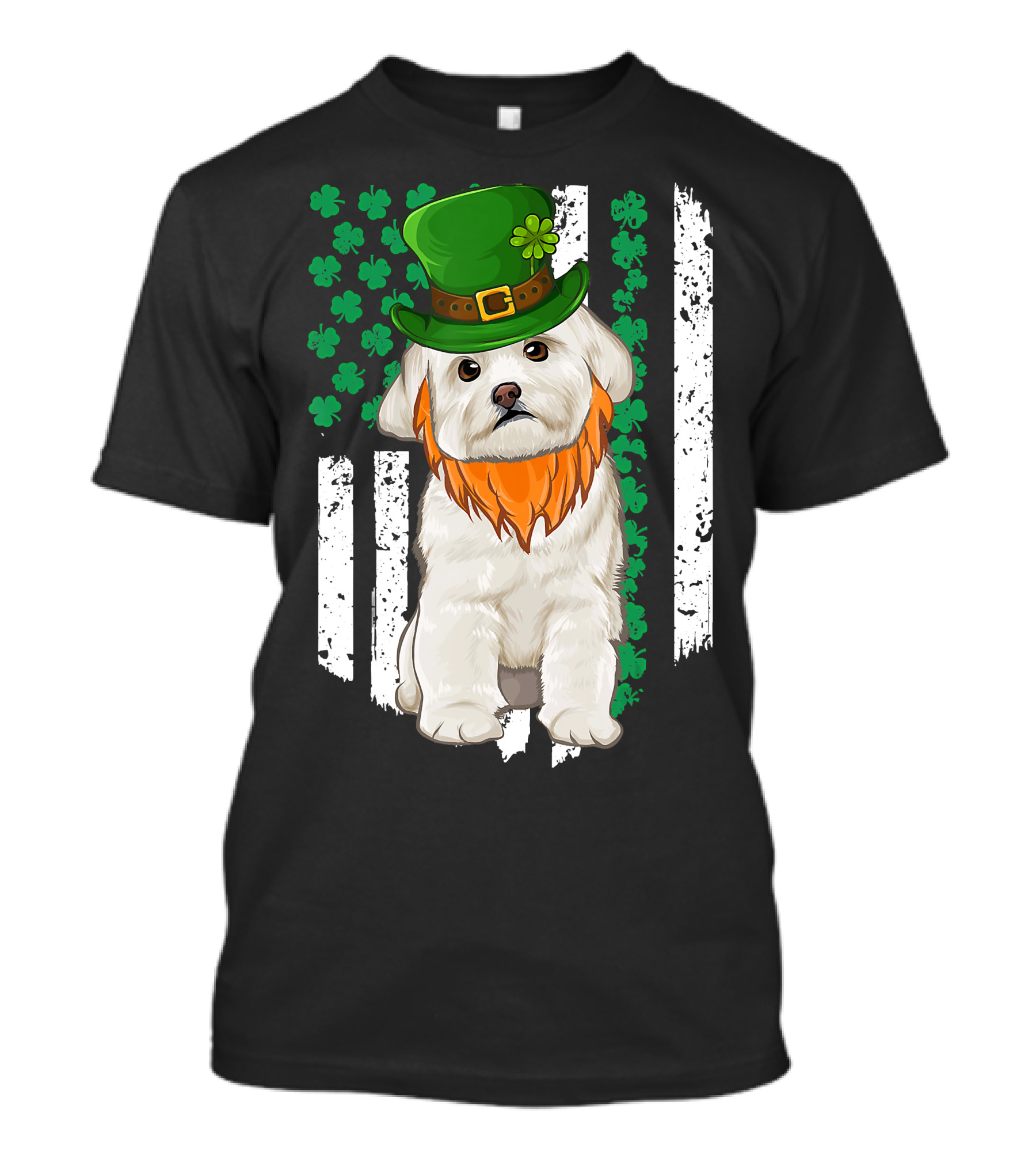 Maltese Dog With Leprechaun Hat And Shamrocks On Irish American Flag For St Patrick's Day T-Shirt