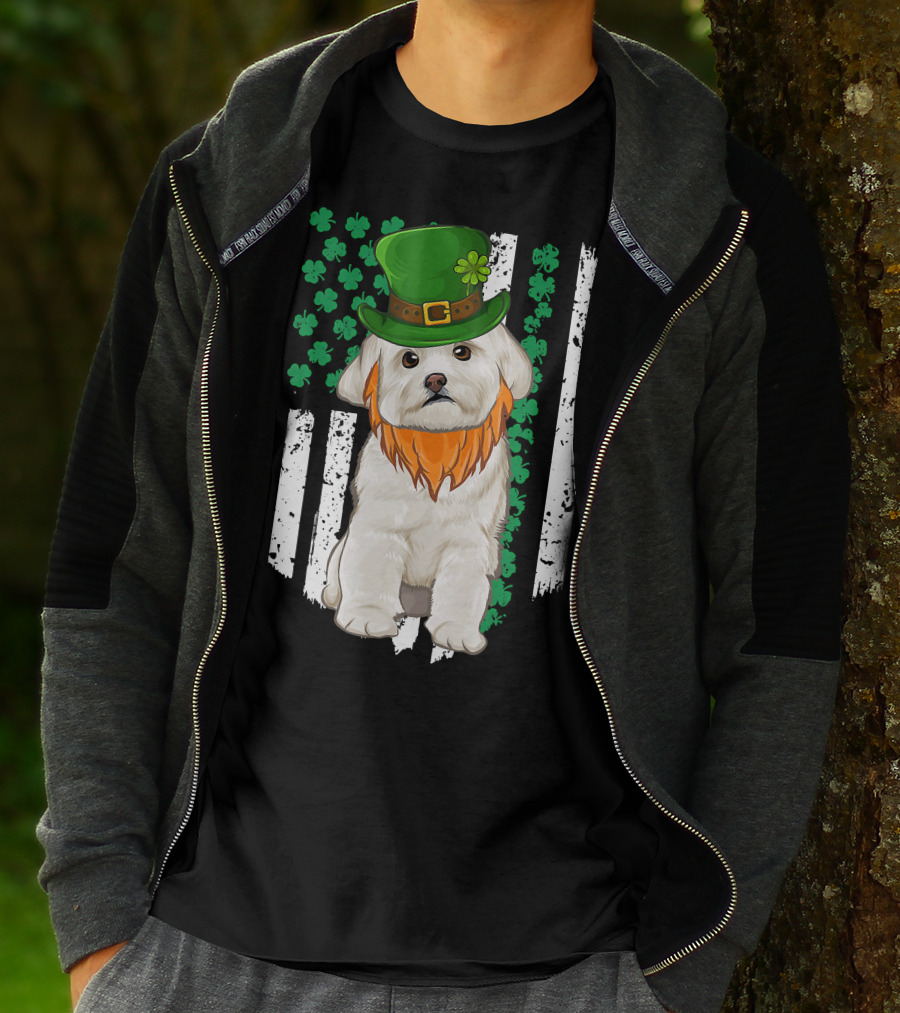 Maltese Dog With Leprechaun Hat And Shamrocks On Irish American Flag For St Patrick's Day T-Shirt