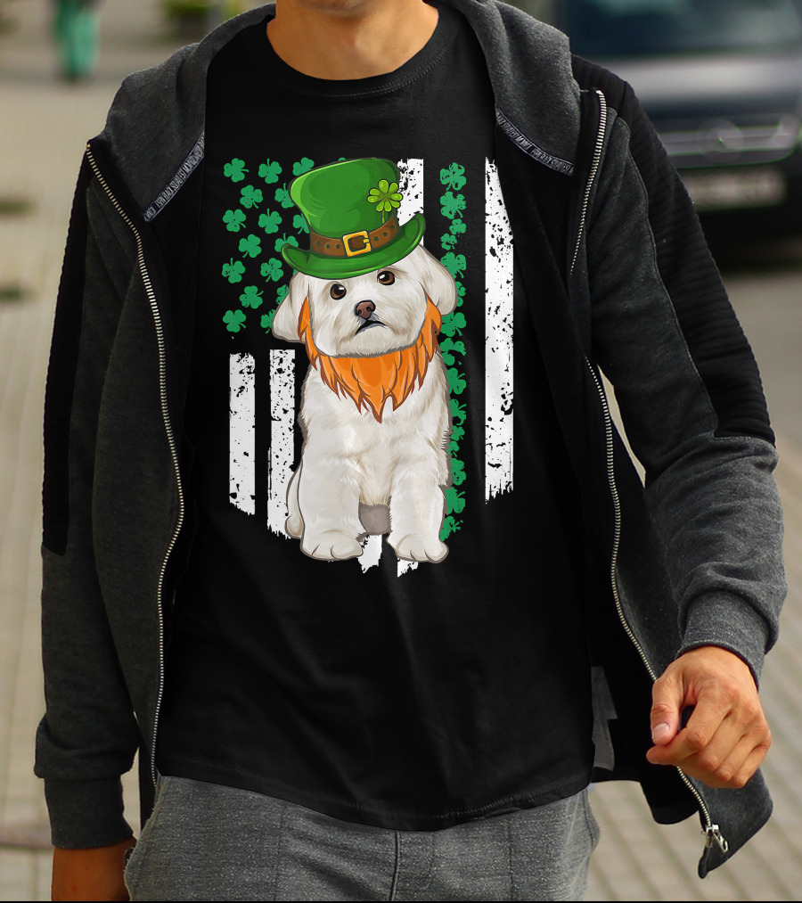 Maltese Dog With Leprechaun Hat And Shamrocks On Irish American Flag For St Patrick's Day T-Shirt