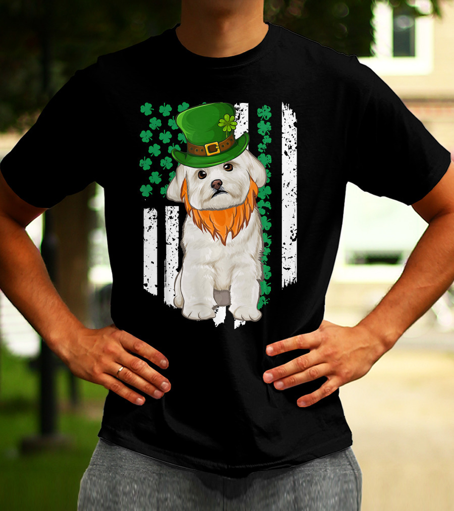 Maltese Dog With Leprechaun Hat And Shamrocks On Irish American Flag For St Patrick's Day T-Shirt