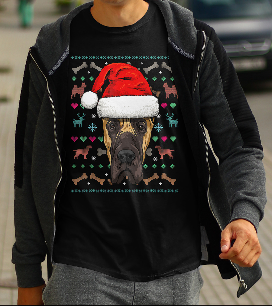 Great Dane Santa Hat Ugly Christmas Dog Reindeer Snowflake Hearts T-Shirt