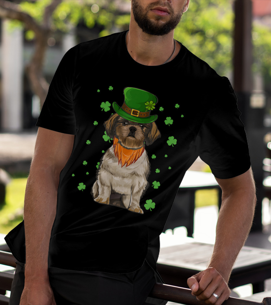 St Patricks Day Shih Tzu Dog With Green Hat And Shamrocks T-Shirt