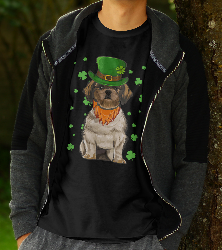 St Patricks Day Shih Tzu Dog With Green Hat And Shamrocks T-Shirt