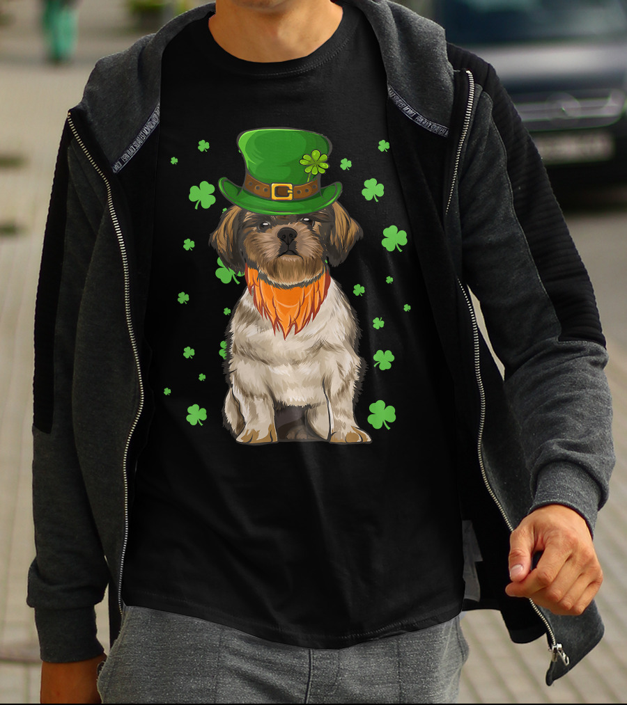 St Patricks Day Shih Tzu Dog With Green Hat And Shamrocks T-Shirt
