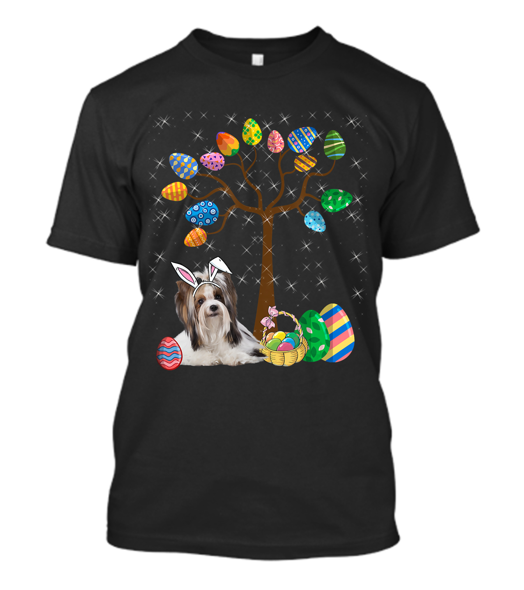Shih Tzu Dog With Easter Egg Tree And Basket Hunt Day T-Shirt