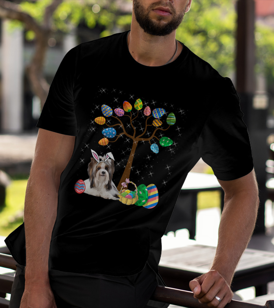 Shih Tzu Dog With Easter Egg Tree And Basket Hunt Day T-Shirt