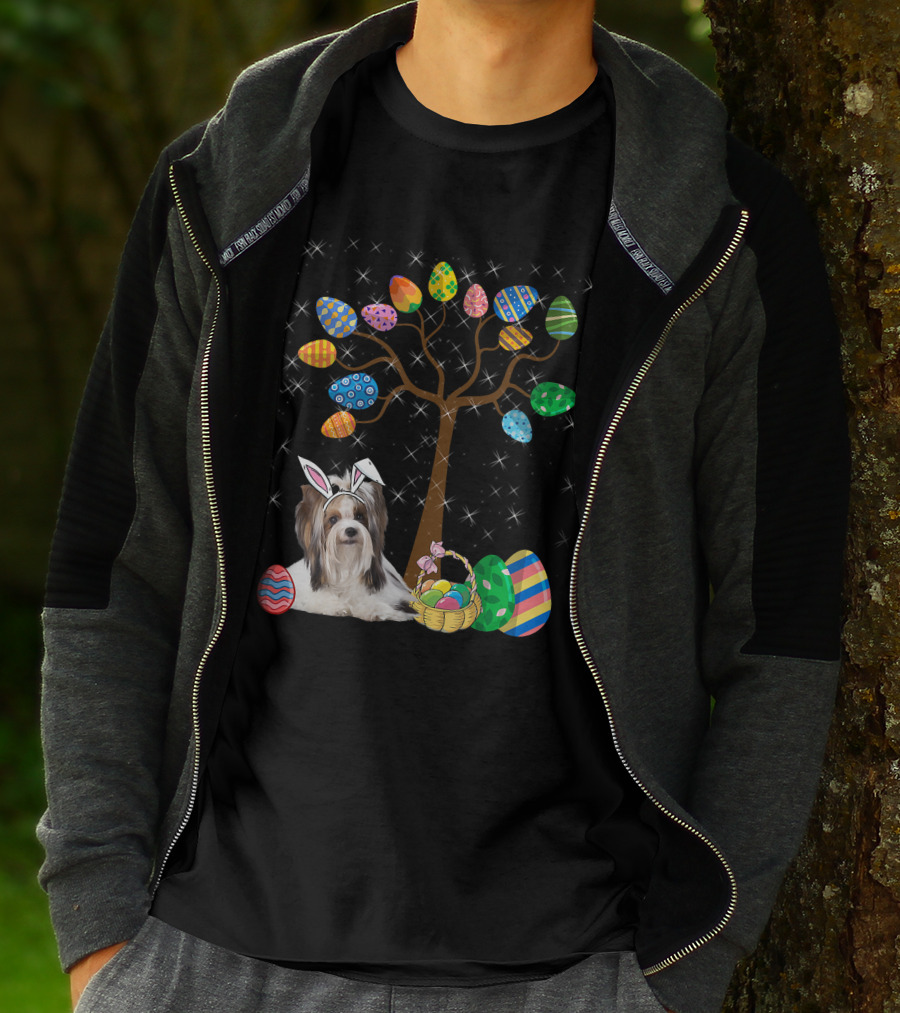 Shih Tzu Dog With Easter Egg Tree And Basket Hunt Day T-Shirt