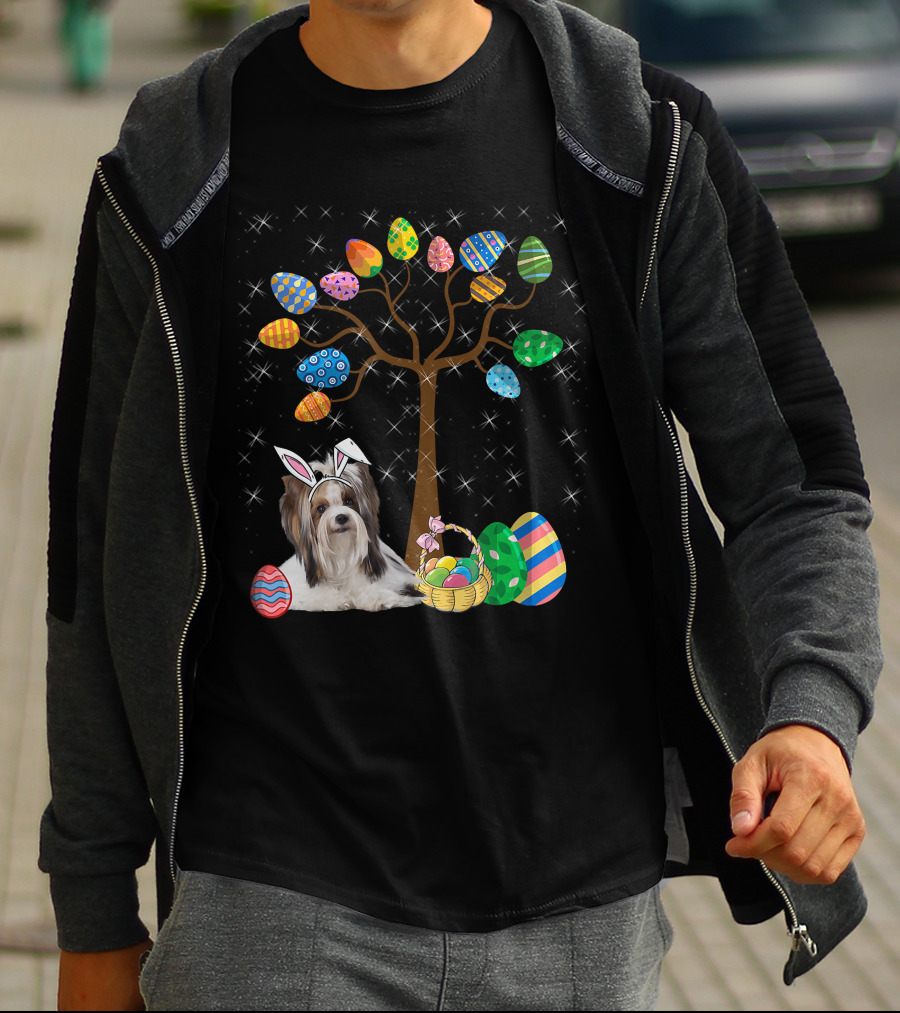 Shih Tzu Dog With Easter Egg Tree And Basket Hunt Day T-Shirt