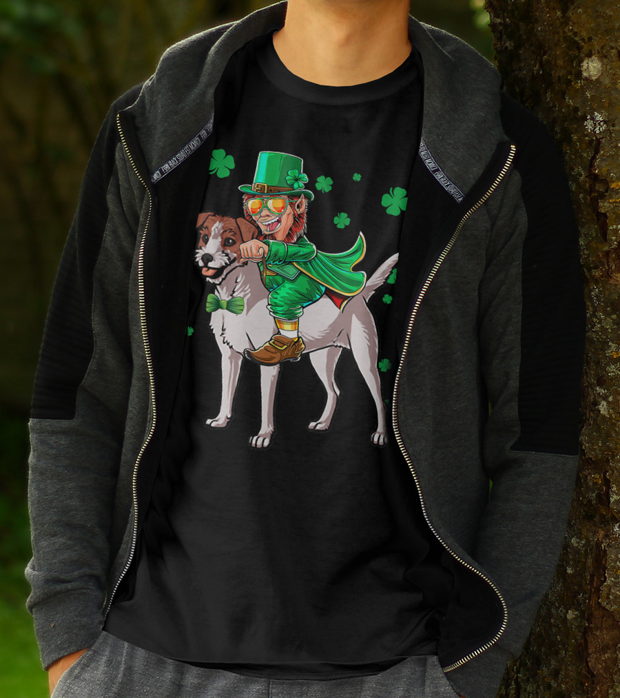 Leprechaun Jack Russell Terrier Riding Shamrock Luck T-Shirt