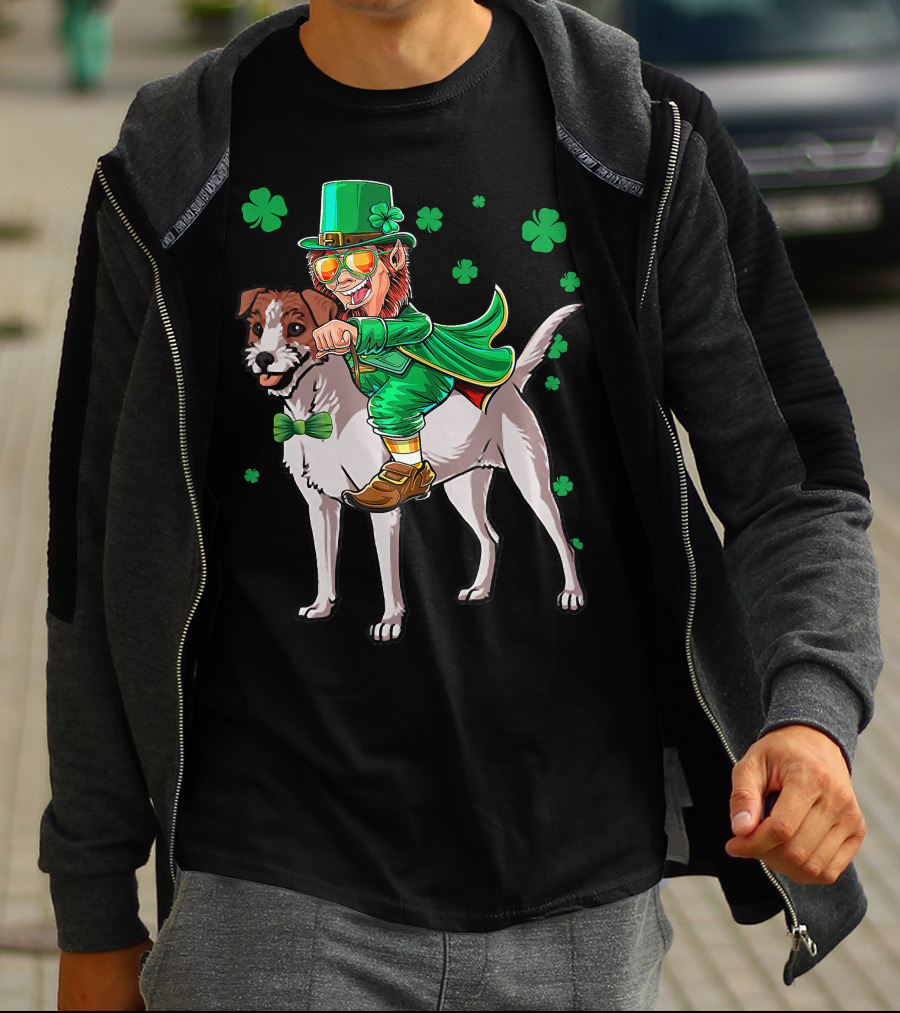 Leprechaun Jack Russell Terrier Riding Shamrock Luck T-Shirt
