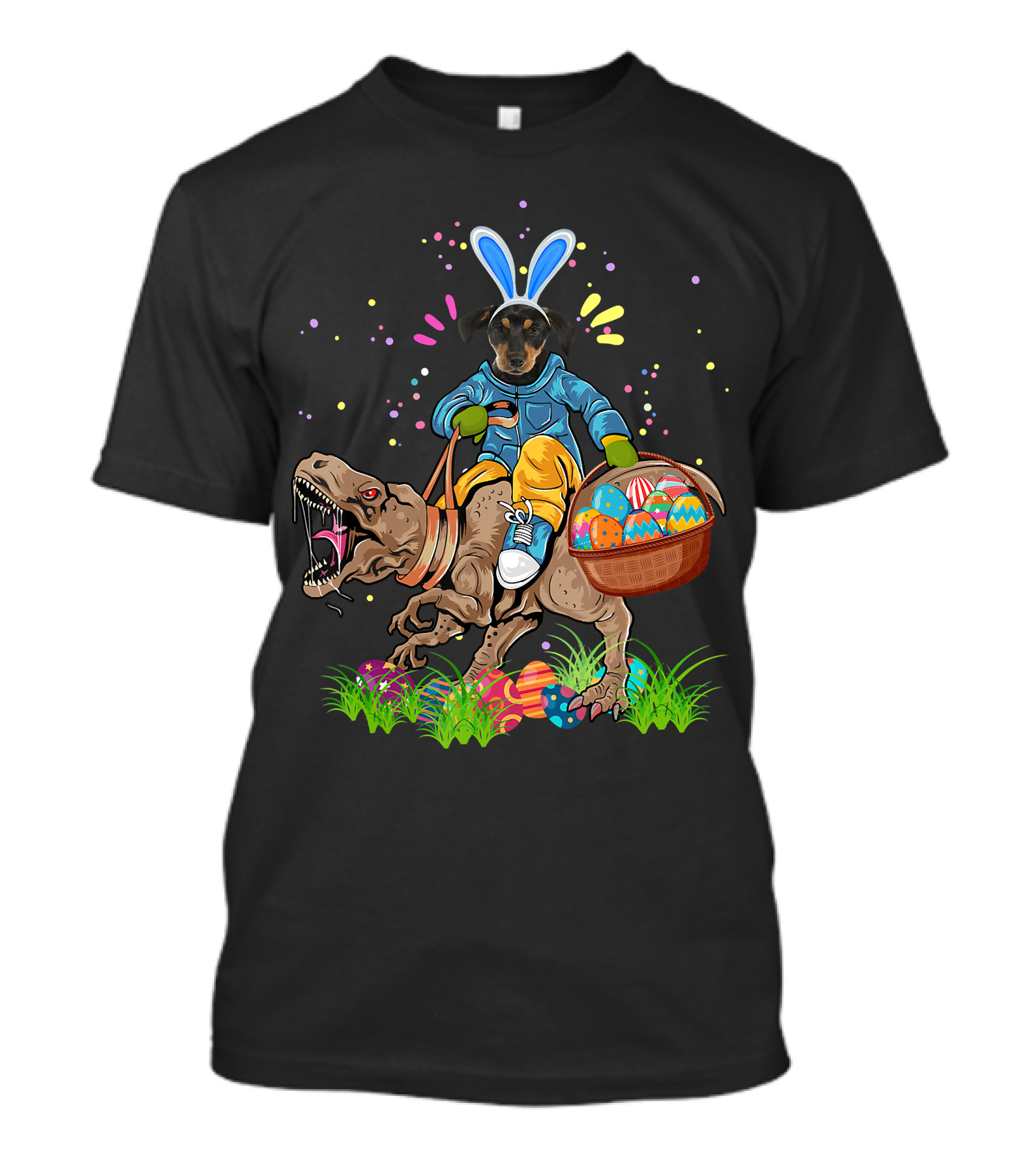 Bunny Rottweiler Dog Riding Rex Dinosaur With Easter Basket T-Shirt