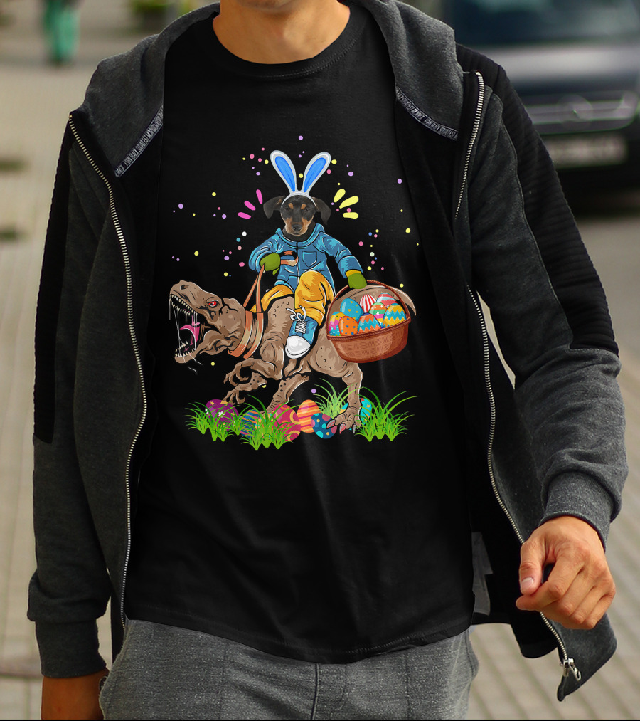 Bunny Rottweiler Dog Riding Rex Dinosaur With Easter Basket T-Shirt