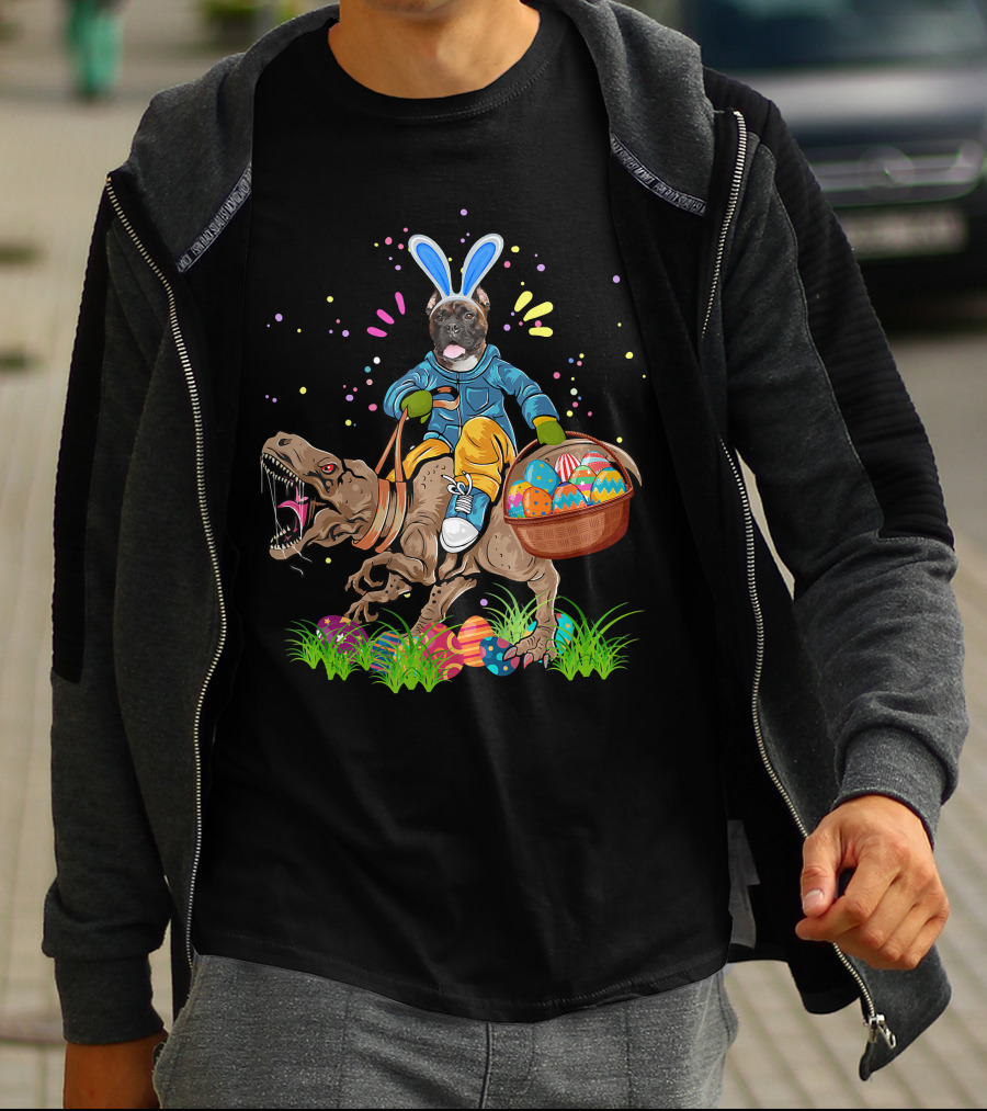 Bunny Boxer Dog Riding Rex Dinosaur With Easter Eggs Basket T-Shirt
