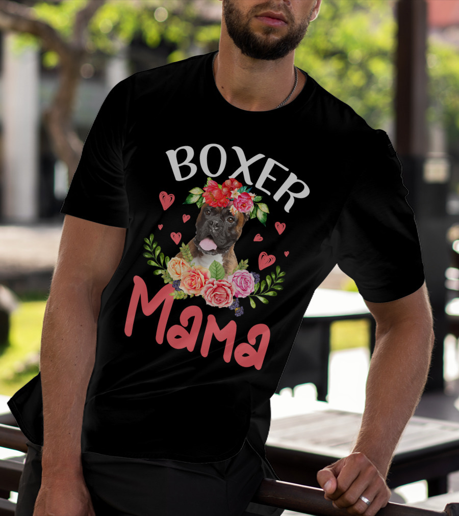 Boxer Mama Floral Dog Heart Blossoms T-Shirt