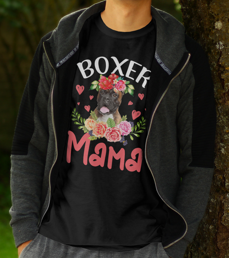Boxer Mama Floral Dog Heart Blossoms T-Shirt