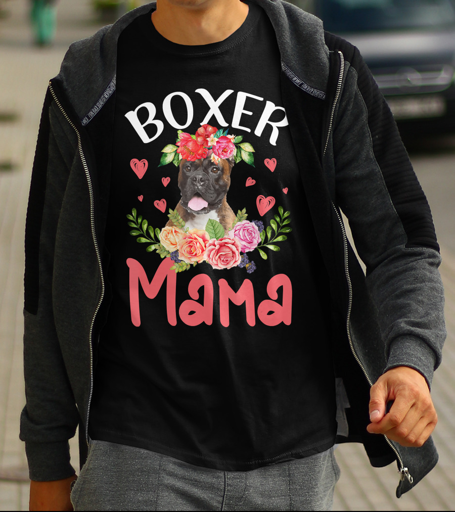 Boxer Mama Floral Dog Heart Blossoms T-Shirt