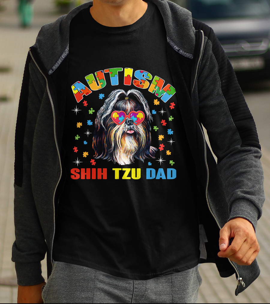 Autism Awareness Cute Shih Tzu Dog Dad With Puzzle Heart Glasses T-Shirt