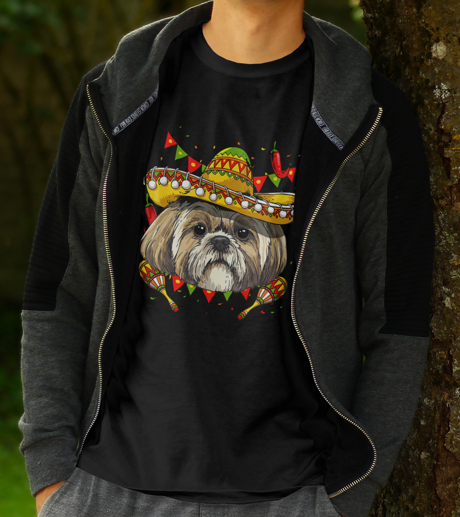 Cinco De Mayo Shih Tzu Sombrero Maracas Chili Peppers Fiesta T-Shirt