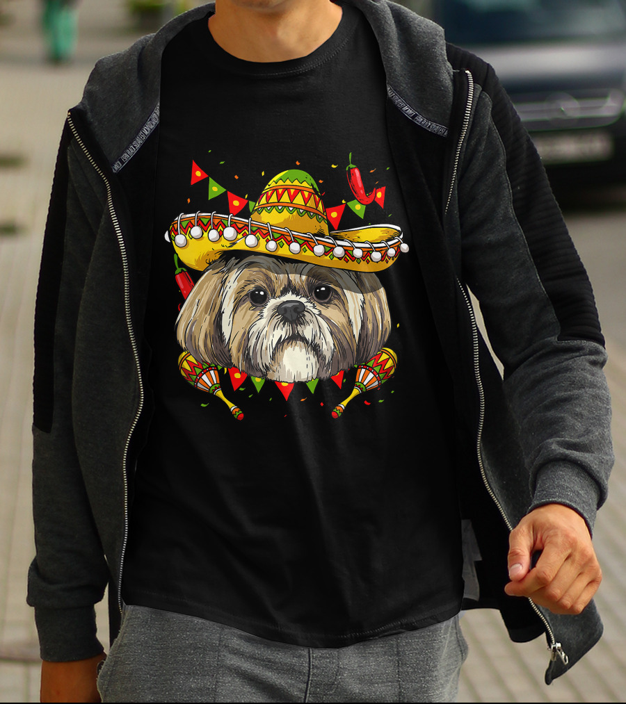 Cinco De Mayo Shih Tzu Sombrero Maracas Chili Peppers Fiesta T-Shirt