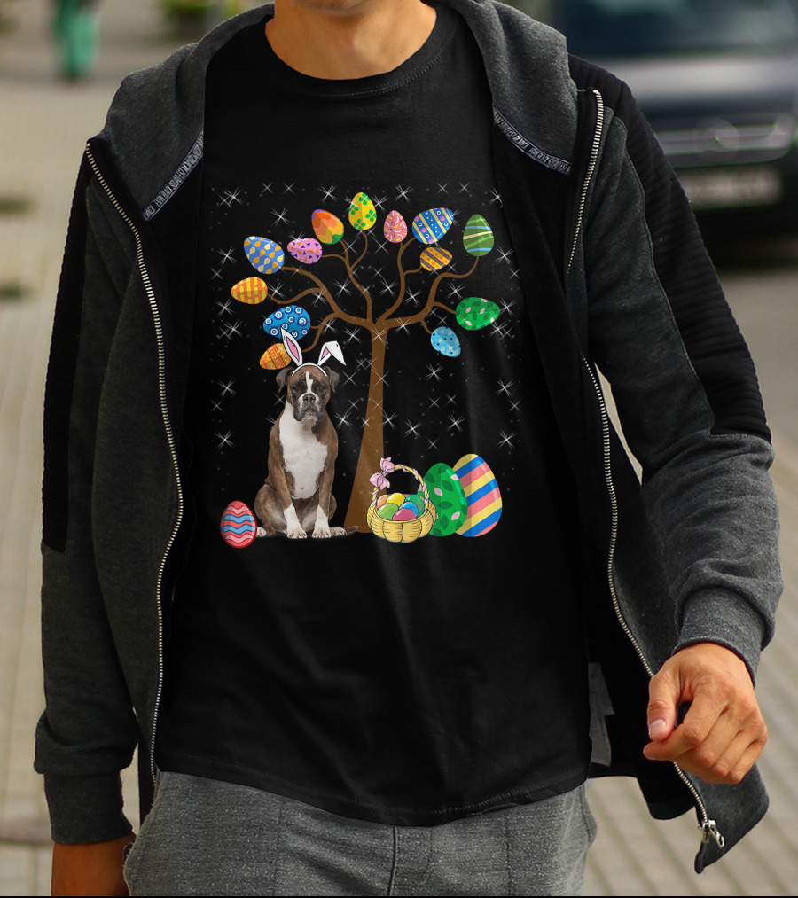 Boxer Dog With Easter Egg Tree And Bunny Ears For Easter Day T-Shirt