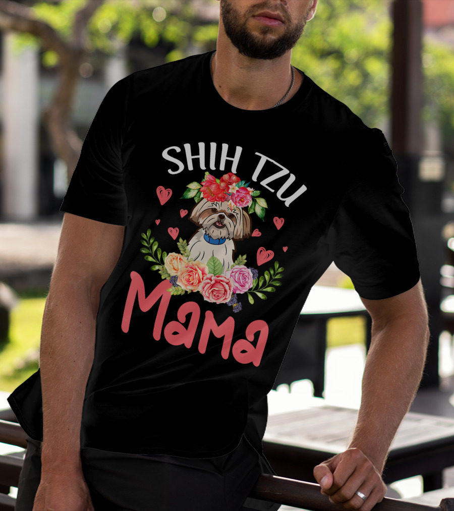 Shih Tzu Mama With Floral Heart Accents T-Shirt