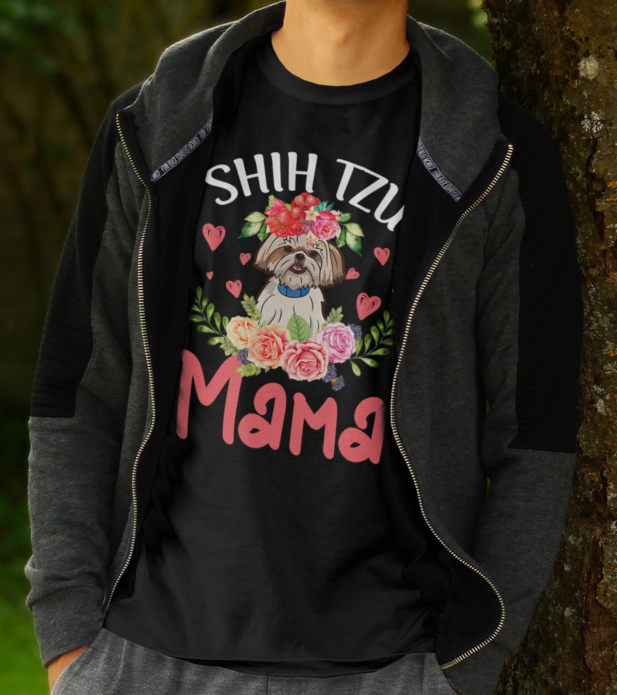 Shih Tzu Mama With Floral Heart Accents T-Shirt