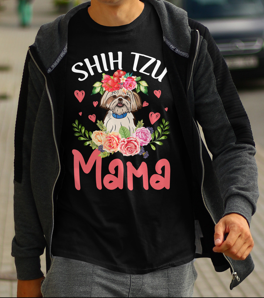 Shih Tzu Mama With Floral Heart Accents T-Shirt