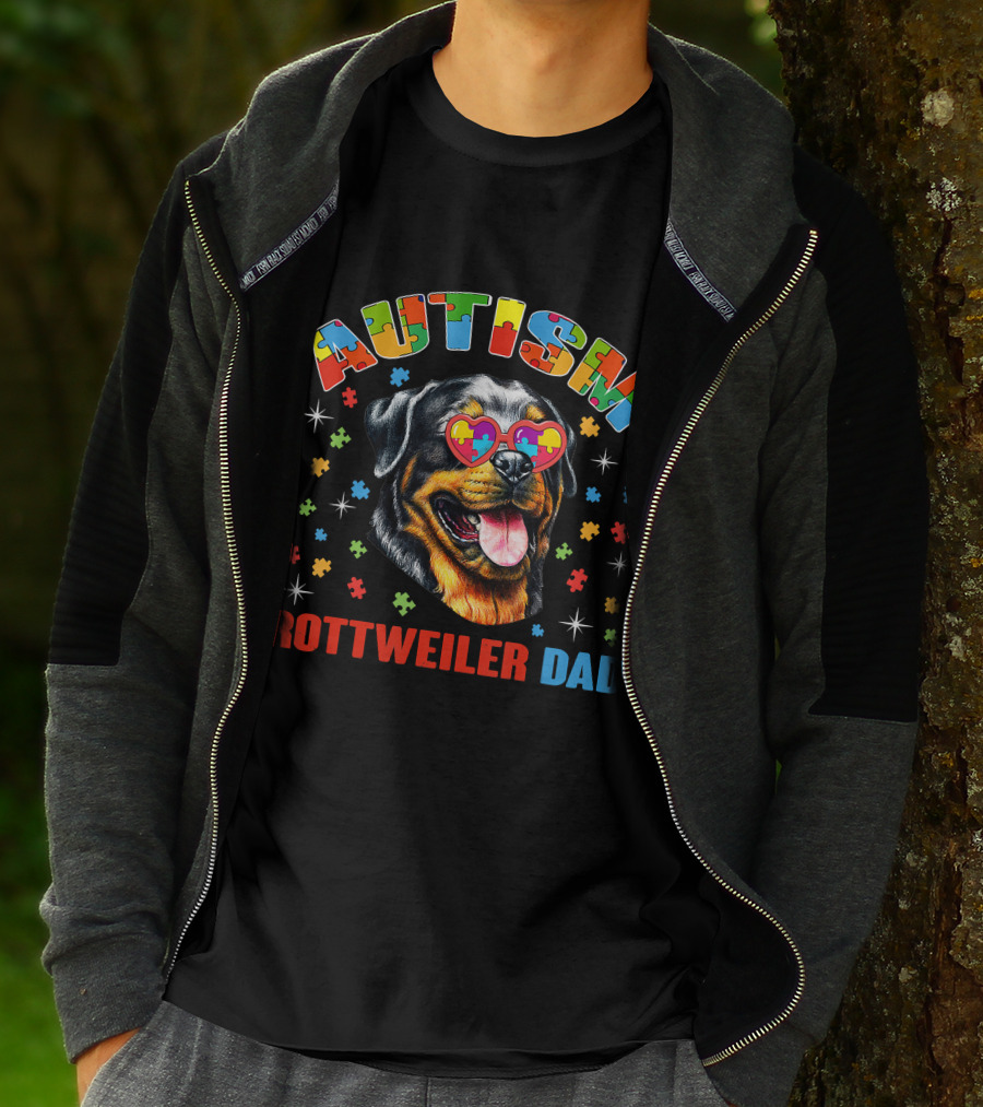 Autism Rottweiler Dad Colorful Puzzle Heart Sunglasses T-Shirt