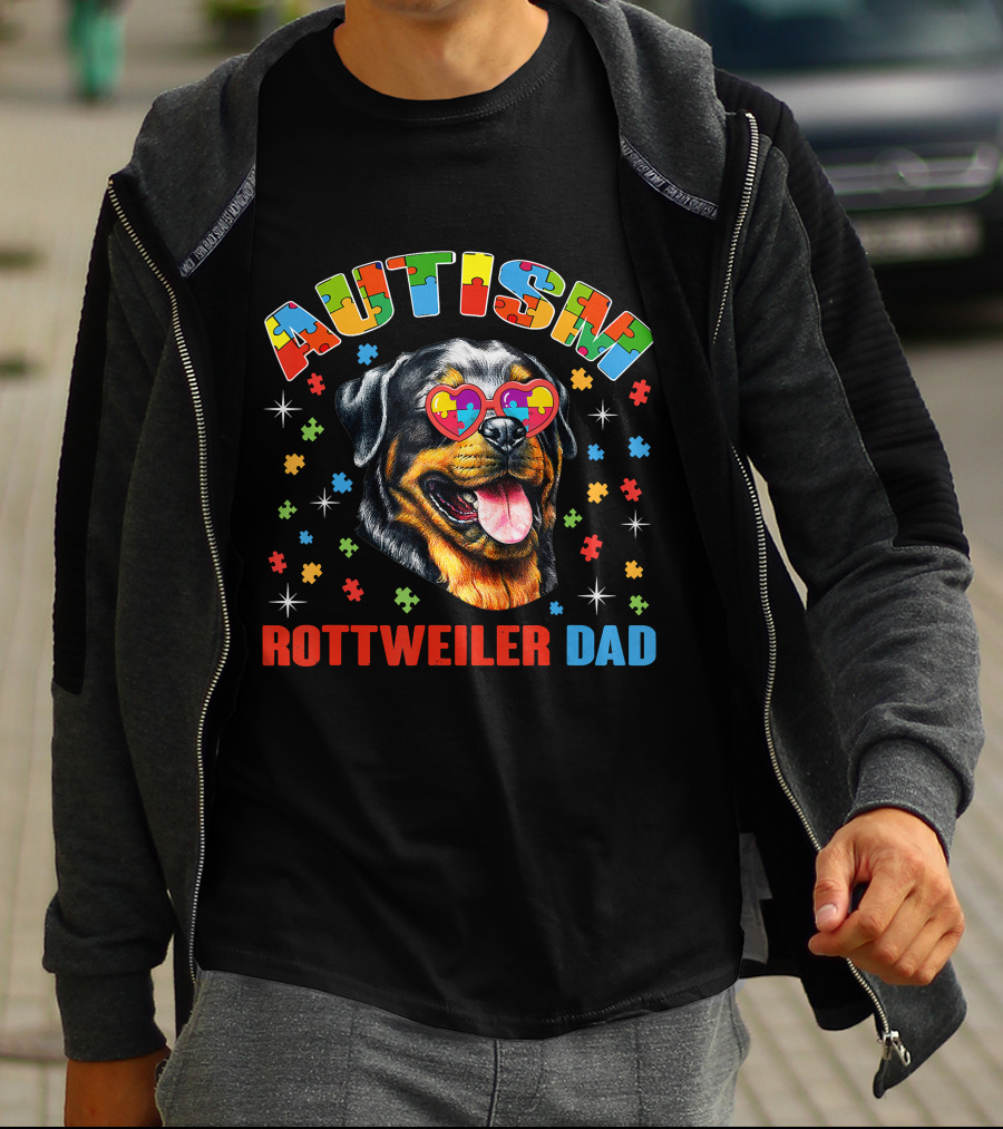 Autism Rottweiler Dad Colorful Puzzle Heart Sunglasses T-Shirt