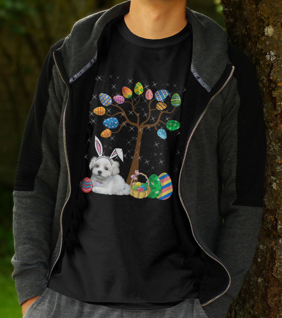 Maltese Dog With Bunny Ears Hunting Easter Eggs On Egg Tree T-Shirt
