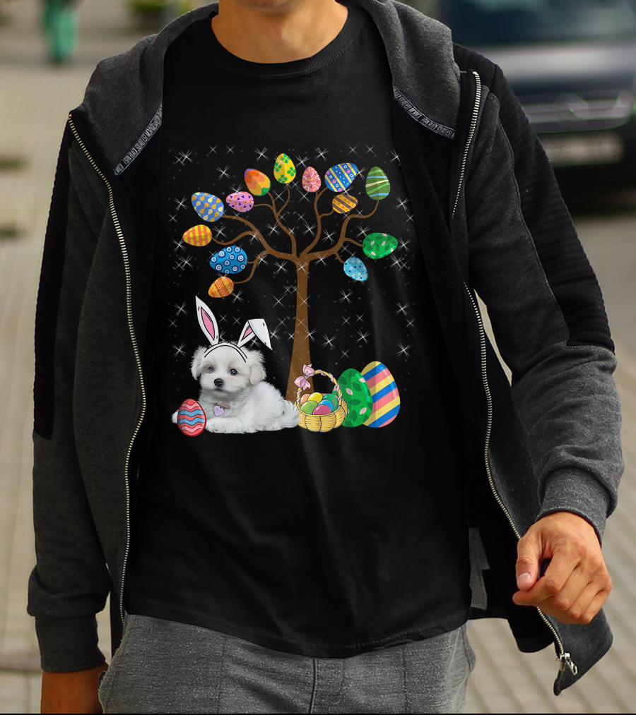 Maltese Dog With Bunny Ears Hunting Easter Eggs On Egg Tree T-Shirt