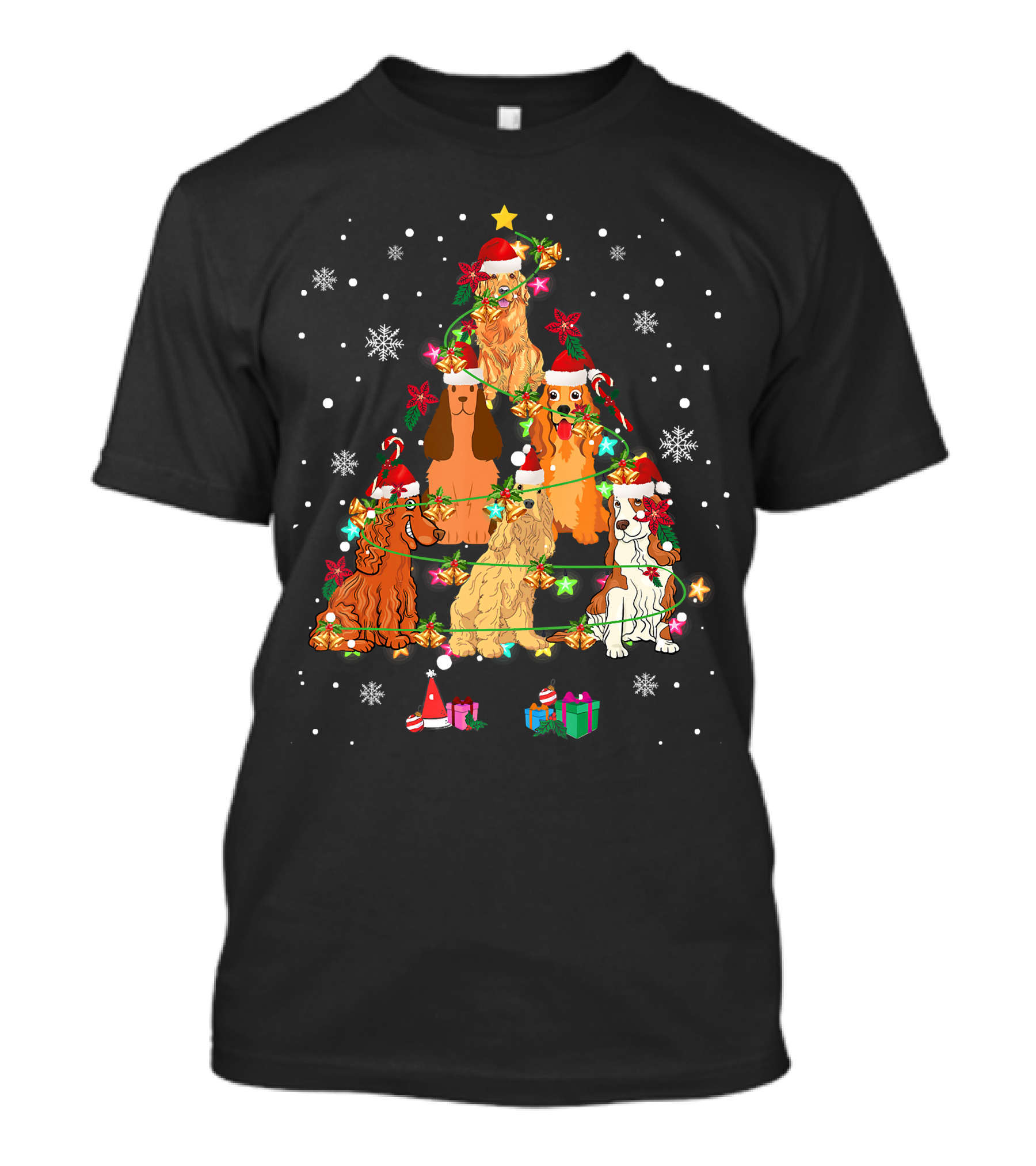 Cocker Spaniel Christmas Tree With Santa Hats And Snowflakes T-Shirt