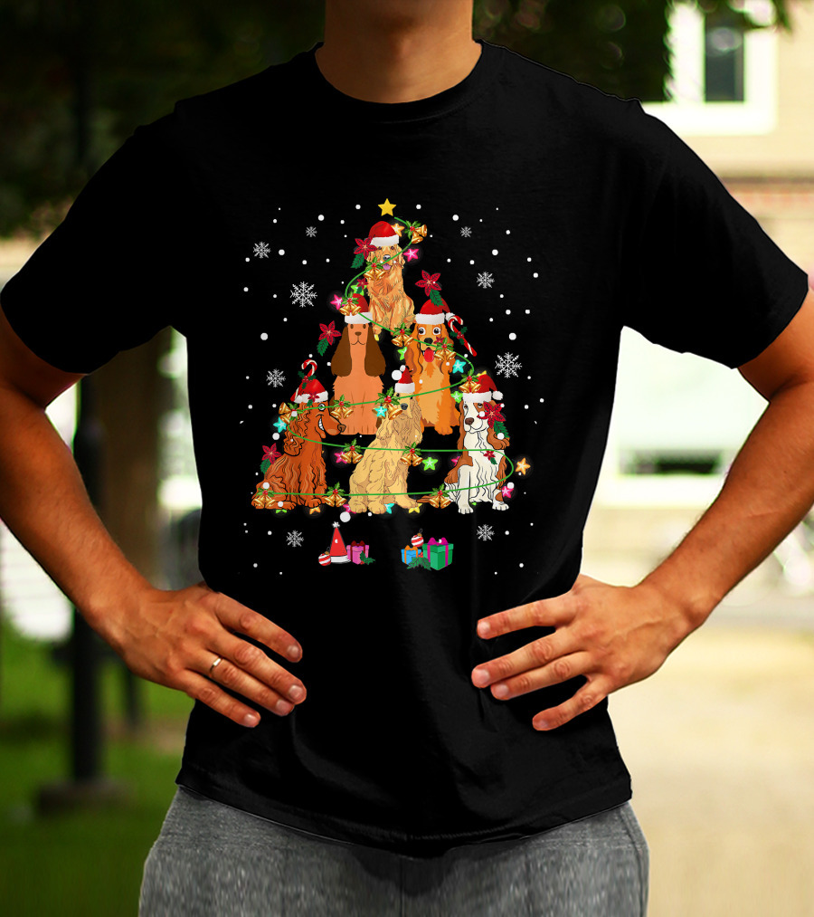 Cocker Spaniel Christmas Tree With Santa Hats And Snowflakes T-Shirt