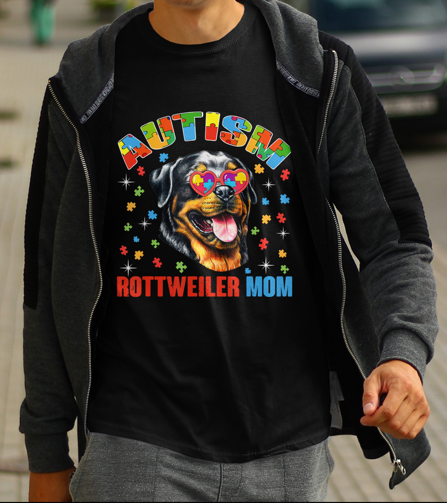 Rottweiler Mom Autism Awareness Puzzle Heart Glasses T-Shirt