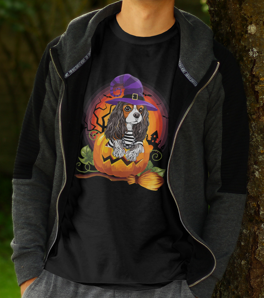 Cavalier Witch Dog In Pumpkin Halloween Scene T-Shirt
