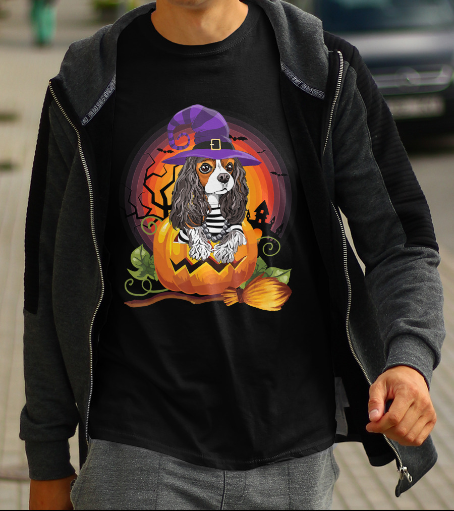Cavalier Witch Dog In Pumpkin Halloween Scene T-Shirt